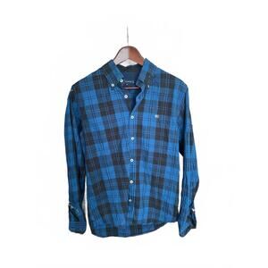 Tommy Hilfiger Black and Blue Plaid Cotton Shirt Men's Small